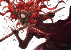 Rule 34 | armor, artist name, blood, cape, commentary, dated, elden ring, english commentary, facing viewer, helmet, holding, holding weapon, long hair, malenia blade of miquella, red hair, shinbross, simple background, watermark, weapon, web address, white background, winged helmet