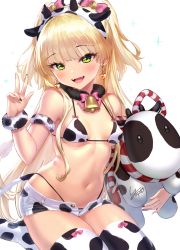 Rule 34 | 1girl, :d, animal ears, animal print, artist name, bell, black nails, blonde hair, blush, bow, bowtie, breasts, chinese zodiac, cow ears, cow horns, cow print, cowbell, earrings, fake animal ears, fake horns, fangs, fur trim, green eyes, hand up, heart, heart earrings, highres, holding, holding stuffed toy, horns, idolmaster, idolmaster cinderella girls, jewelry, jougasaki rika, long hair, looking at viewer, nail polish, navel, no shoes, open mouth, pink hair, short shorts, shorts, signature, simple background, sitting, small breasts, smile, solo, stuffed animal, stuffed cow, stuffed toy, thighhighs, thighs, two side up, w, wariza, white background, white shorts, white thighhighs, yapo (croquis side), year of the ox