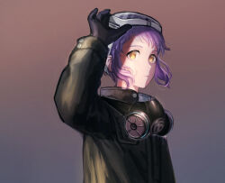 Rule 34 | arm up, black coat, black gloves, coat, commentary request, expressionless, gas mask, gloves, goggles, goggles on head, grey background, idolmaster, idolmaster million live!, light, long sleeves, looking afar, makabe mizuki, mask, mask around neck, mimizubare, purple hair, short hair, sidelocks, upper body, wavy hair, yellow eyes