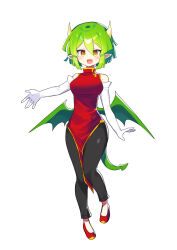 Rule 34 | 1girl, absurdres, black pants, blush, breasts, brown eyes, china dress, chinese clothes, draco centauros, dragon girl, dragon horns, dragon tail, dragon wings, dress, elbow gloves, fang, full body, gloves, green hair, highres, horns, large breasts, looking at viewer, offbeat, open mouth, pants, puyopuyo, red dress, red footwear, simple background, sleeveless, sleeveless dress, smile, solo, tail, white background, white gloves, wings