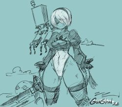 Rule 34 | 1girl, 2022, 2b (nier:automata), artist name, ass, black blindfold, black hairband, blindfold, boots, breasts, cameltoe, cleavage, cleavage cutout, clothing cutout, curvy, dahs, dated, feather-trimmed sleeves, gloves, green background, gunshad, hairband, high heel boots, high heels, highleg, highleg leotard, holding, holding sword, holding weapon, juliet sleeves, large breasts, leotard, long sleeves, mole, mole under mouth, monochrome, nier:automata, nier (series), pod (nier:automata), puffy sleeves, robot, sky, smile, standing, sword, thigh boots, thighhighs, thighhighs under boots, thong leotard, weapon, white leotard, wide hips