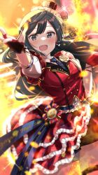 Rule 34 | 1girl, black hair, blush, breasts, chase! (love live!), commentary, earrings, fingerless gloves, fire, gloves, grey eyes, hair ornament, hat, highres, jewelry, looking at viewer, love live!, love live! nijigasaki high school idol club, medium breasts, one side up, red gloves, shiitake taishi, sidelocks, smile, solo, suspenders, upper body, yuki setsuna (love live!)