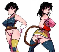 Rule 34 | 2girls, armor, ass, black hair, blush, bob cut, breasts, brown eyes, detached sleeves, dragon ball, dragonball z, earrings, covered erect nipples, gine, gloves, heart, heavy breathing, jewelry, large breasts, leotard, monkey tail, multiple girls, rickert kai, seripa, short hair, single thighhigh, tail, thighhighs, thong, tongue, tongue out, white gloves