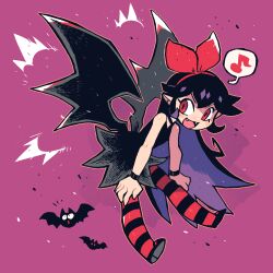 Rule 34 | 1girl, absurdres, bat (animal), bat wings, black dress, black eyes, black hair, black wings, bow, dress, fangs, hair bow, highres, holding, long hair, musical note, original, pantyhose, pink background, pointy ears, rariatto (ganguri), red eyes, red pantyhose, running, sky, solo, speech bubble, striped clothes, striped pantyhose, vampire, wings, zakuro (rariatto)