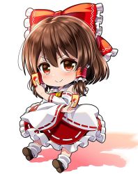 Rule 34 | &gt;:), 1girl, bad id, bad pixiv id, bare shoulders, blush, bow, brown footwear, brown hair, chibi, closed mouth, commentary request, detached sleeves, frilled bow, frilled skirt, frills, full body, hair between eyes, hair bow, hair tubes, hakurei reimu, long hair, long sleeves, loose socks, red bow, red eyes, red shirt, red skirt, ribbon-trimmed skirt, ribbon-trimmed sleeves, ribbon trim, shadow, shirt, shoe soles, shoes, skirt, sleeveless, sleeveless shirt, smile, socks, solo, touhou, v-shaped eyebrows, white background, white legwear, wide sleeves, yellow neckwear, yuuka nonoko