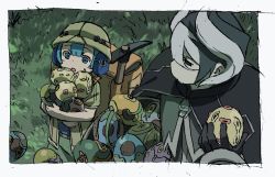 Rule 34 | 1boy, 1girl, backpack, bag, belt, black cape, black eyes, black gloves, black hair, blue eyes, blue hair, cape, commentary request, gloves, grass, green hat, green pants, grey hair, grey jacket, hair between eyes, hair ornament, hat, helmet, holding, jacket, made in abyss, maruruk, mi (pic52pic), multicolored hair, open clothes, open jacket, ozen, pants, pickaxe, pith helmet, pouch, short hair, sketch, standing, trap, two-tone hair, whistle