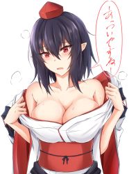 Rule 34 | 1girl, alternate costume, bad id, bad twitter id, bare shoulders, black hair, blush, breasts, cleavage, collarbone, commentary request, embarrassed, hair between eyes, hat, head tilt, highres, japanese clothes, kimono, kimono pull, kourindou tengu costume, large breasts, long sleeves, off shoulder, parted lips, pointy ears, red eyes, red sash, sash, shameimaru aya, short hair, simple background, solo, standing, sweat, tokin hat, touhou, translation request, upper body, watarase piro, white background, white kimono, wide sleeves