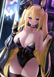 Rule 34 | 1girl, :o, absurdres, alley, animal ears, balut (7676i), bare shoulders, black hairband, black jacket, black leotard, black thighhighs, blonde hair, blue eyes, blush, breasts, buckle, can, cleavage, collar, collarbone, covered navel, cowboy shot, cross, cross earrings, drink can, drinking straw, earrings, fake animal ears, groin, hairband, highres, holding, holding can, huge breasts, huge filesize, jacket, jewelry, leotard, long hair, long sleeves, looking at viewer, night, off shoulder, open clothes, open jacket, original, outdoors, parted lips, people, playboy bunny, rabbit ears, soda can, solo focus, strapless, strapless leotard, thighhighs, twintails, very long hair