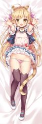 Rule 34 | 1girl, :d, animal ear legwear, animal ears, bad id, bad pixiv id, bed sheet, bell, black collar, black jacket, black thighhighs, blonde hair, blue skirt, blush, bow, bow panties, cat ear legwear, cat ear thighhighs, cat ears, cat girl, cat tail, clothes lift, collar, collarbone, commentary request, cropped jacket, dakimakura (medium), fang, full body, highres, jacket, jingle bell, long hair, looking at viewer, lying, masushita, neck bell, on back, open mouth, original, outstretched arms, panties, panty pull, pink panties, pink shirt, plaid, plaid jacket, plaid skirt, pleated skirt, polka dot, polka dot scrunchie, red scrunchie, scrunchie, shirt, shoes, short sleeves, skirt, skirt lift, slit pupils, smile, solo, tail, thighhighs, underwear, very long hair, white footwear, wide sleeves, wrist scrunchie, yellow eyes