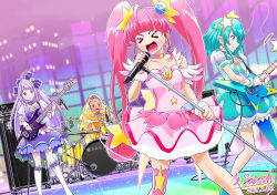 Rule 34 | ahoge, amamiya elena, amplifier, band, bare shoulders, bass guitar, boots, cable, choker, commentary request, cure milky, cure selene, cure soleil, cure star, drum, earrings, electric guitar, guitar, hagoromo lala, hair ornament, highres, hoshina hikaru, instrument, jewelry, kaguya madoka, magical girl, microphone, music, pantyhose, pointy ears, precure, satou yasu, see-through, shooting star hair ornament, singing, single leg pantyhose, stage, star (symbol), star earrings, star hair ornament, star twinkle precure, thighhighs