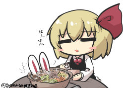 Rule 34 | 1girl, = =, absurdres, animal ears, blonde hair, blush stickers, bowl, chibi, chopsticks, comic, commentary request, cooking, eating, goma (gomasamune), hair between eyes, hair ribbon, highres, holding, holding bowl, holding chopsticks, mushroom, nabe, necktie, portable stove, rabbit ears, ribbon, rumia, shiitake, short hair, solo, steam, table, touhou, twitter username, vest