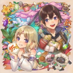 Rule 34 | 1boy, 1girl, anniversary, bare shoulders, blonde hair, blue eyes, book, bread bun, cloud, cloudy sky, collared shirt, dragon, flask, flower, food, fruit, gem, grass, highres, holding, holding food, holding sickle, holding vegetable, long hair, looking at viewer, medicine, melon, mice (rune factory), milk carton, mist (rune factory), open mouth, outdoors, raguna, ru 2109, rune factory, rune factory 1, rune factory frontier, seed, sheep, shirt, sickle, sky, smile, strawberry, sword, turnip, vegetable, weapon