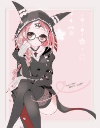 Rule 34 | 1girl, artist name, bad id, bad pixiv id, black dress, black thighhighs, braid, braided ponytail, cherry blossoms, divine light (identity v), dress, eric knikki, fingerless gloves, fiona gilman, fishnet gloves, fishnets, glasses, gloves, head rest, head tilt, hood, hood up, horns, identity v, long hair, looking at viewer, nail polish, official alternate costume, pink eyes, pink hair, red nails, simple background, single braid, sitting, solo, thighhighs, twitter username