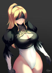 Rule 34 | 1girl, blindfold, blonde hair, breasts, cleavage, cosplay, haryu, large breasts, metroid, nier (series), nier:automata, nintendo, ponytail, samus aran, serious, solo, thighs, wide hips, 2b (nier:automata) (cosplay)