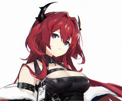Rule 34 | 1girl, arknights, arm strap, banxuan c2ka, blurry, breasts, cleavage, depth of field, detached collar, hair between eyes, hair intakes, head tilt, horns, long hair, looking at viewer, medium breasts, parted lips, purple eyes, red hair, revision, simple background, solo, surtr (arknights), upper body, white background