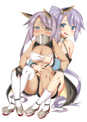 Rule 34 | 2girls, ahoge, ase (nigesapo), asymmetrical legwear, azur lane, bandeau, bare shoulders, black gloves, blue eyes, blush, breasts, cleavage, commentary request, covered mouth, dark-skinned female, dark skin, facepaint, fingerless gloves, full body, gloves, grey footwear, hair ornament, headgear, heart, heart-shaped pupils, heart ahoge, heterochromia, horns, incest, indianapolis (azur lane), jacket, large breasts, light purple hair, long hair, looking at viewer, mechanical horns, medium breasts, multiple girls, open mouth, partially fingerless gloves, photoshop (medium), pink hair, portland (azur lane), siblings, side ponytail, simple background, sisters, symbol-shaped pupils, thighhighs, turtleneck, twintails, underboob, uneven legwear, very long hair, white background, white bandeau, white thighhighs, yellow eyes, yuri