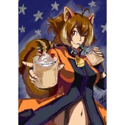 Rule 34 | 1girl, animal ears, arc system works, blazblue, bow, breasts, brown hair, chocolate milk, drinking, fingerless gloves, food, gloves, ice cream, large breasts, makoto nanaya, one eye closed, red bow, short hair, squirrel ears, squirrel tail, tail, tensui.cos