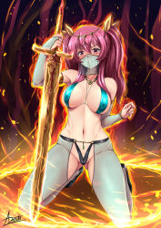 Rule 34 | 1girl, adsouto, alternate costume, breasts, bridal gauntlets, fire, frown, full body, hair ribbon, harem outfit, highres, holding, holding sword, holding weapon, kneeling, looking at viewer, medium breasts, mouth veil, navel, rakudai kishi no cavalry, red eyes, red hair, revealing clothes, ribbon, see-through, signature, solo, stella vermillion, sword, veil, weapon