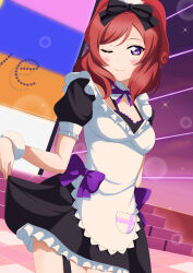 Rule 34 | 1girl, absurdres, alternate costume, apron, black bow, blush, bow, closed mouth, commentary request, dress, enmaided, hair bow, highres, looking at viewer, love live!, love live! school idol project, maid, maid apron, medium hair, mogyutto &quot;love&quot; de sekkin chuu!, nishikino maki, one eye closed, puffy short sleeves, puffy sleeves, purple eyes, red hair, short dress, short sleeves, skirt hold, smile, solo, zanpon