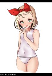 Rule 34 | 1girl, absurdres, blonde hair, commentary request, covered navel, cowboy shot, cropped legs, flat chest, green eyes, hair ribbon, hairband, highres, i-504 (kancolle), kantai collection, luigi torelli (kancolle), one-hour drawing challenge, one-piece swimsuit, red ribbon, ribbon, school swimsuit, short hair, simple background, solo, swimsuit, tf cafe, white background, white one-piece swimsuit