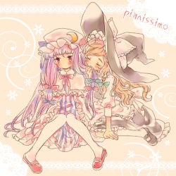 Rule 34 | 2girls, blonde hair, blush, braid, capelet, closed eyes, covering face, covering own mouth, covering privates, dress, female focus, frills, hat, hat ribbon, kirisame marisa, kneehighs, long hair, long sleeves, maitou, mary janes, multiple girls, pantyhose, patchouli knowledge, purple hair, red eyes, ribbon, shoes, sitting, socks, touhou, wavy hair, witch, witch hat