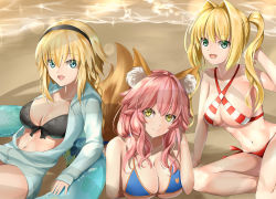 Rule 34 | 3girls, absurdres, ahoge, animal ear fluff, animal ears, bead bracelet, beads, bikini, black bikini, blonde hair, blue bikini, blue jacket, bracelet, braid, breasts, cleavage, clothing cutout, commentary, commentary request, criss-cross halter, fate/grand order, fate (series), fox ears, fox girl, fox tail, french braid, front-tie bikini top, front-tie top, green eyes, hair bun, hair intakes, halterneck, highres, hood, hooded jacket, jacket, jeanne d&#039;arc (fate), jeanne d&#039;arc (ruler) (fate), jeanne d&#039;arc (swimsuit archer) (fate), jeanne d&#039;arc (swimsuit archer) (first ascension) (fate), jewelry, kamehito, large breasts, long braid, looking at viewer, lying, multiple girls, navel cutout, nero claudius (fate), nero claudius (fate) (all), nero claudius (swimsuit caster) (fate), ocean, on stomach, open clothes, open jacket, open mouth, pink hair, red bikini, shrug (clothing), side-tie bikini bottom, single braid, single hair bun, striped bikini, striped clothes, swimsuit, tail, tamamo (fate), tamamo no mae (fate/extra), tamamo no mae (swimsuit lancer) (fate), twintails, yellow eyes