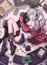 Rule 34 | 1girl, absurdres, ammunition, aqua eyes, asymmetrical legwear, belt, bipod, black gloves, black thighhighs, breasts, bullet, choker, closed mouth, crop top, damaged, expressionless, game console, general-purpose machine gun, general dynamics, girls&#039; frontline, gloves, gun, hair between eyes, hair ornament, hairclip, headset, highres, holding, holding gun, holding weapon, jacket, kota (pixiv 5237495), lightweight medium machine gun, lonestar future weapons, long hair, lwmmg (girls&#039; frontline), lying, machine gun, medium breasts, midriff, multicolored hair, off shoulder, on side, pouch, prototype design, red jacket, shirt, short shorts, short sleeves, shorts, sidelocks, silver hair, skindentation, solo, thigh strap, thighhighs, torn clothes, true velocity, twintails, two-tone hair, uneven legwear, weapon, white shirt