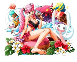 Rule 34 | 1girl, \m/, arm support, barefoot, bikini, black eyes, bodskih, breasts, cleavage, feet, flower, food, frilled bikini, frills, ghost, hair ornament, hibiscus, holding, holding food, ice cream, ice cream cone, knees together feet apart, large breasts, long hair, one piece, one piece treasure cruise, perona, pink hair, polka dot, polka dot bikini, red bikini, red flower, shiny skin, sitting, soles, solo, swimsuit, toes, tongue, tongue out, transparent background, twintails, very long hair, white flower, wrist cuffs