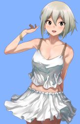 Rule 34 | 1girl, :d, absurdres, bangle, bare arms, bare shoulders, black eyes, blue background, blush, bracelet, breasts, camisole, cleavage, collarbone, cowboy shot, crop top, grey hair, hair between eyes, hand up, highres, idolmaster, idolmaster cinderella girls, jewelry, looking at viewer, midriff, miniskirt, open mouth, shiomi syuko, short hair, simple background, skirt, small breasts, smile, solo, spaghetti strap, standing, takehyiro, white skirt