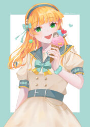 Rule 34 | 1girl, absurdres, blonde hair, food, green eyes, hairband, heanna sumire, highres, ice cream, kaori illust610, long hair, love live!, love live! superstar!!, open mouth, short sleeves, smile, solo