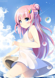 Rule 34 | 1girl, artist name, beige hat, blue eyes, blush, bow, braid, brown hat, bubble, commentary, hair bow, hair ornament, hat, ikazu401, long hair, looking at viewer, original, partially submerged, pink hair, purple bow, smile, solo, sun hat, wading, wet