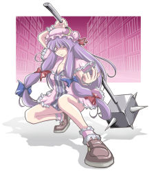 Rule 34 | 1girl, ankle cuffs, ankle garter, ao usagi, bookshelf, bow, breasts, cleavage, crescent, crescent moon, female focus, hair bow, hat, large breasts, library, long hair, mace, moon, multiple hair bows, one eye closed, patchouli knowledge, purple eyes, purple hair, shoes, solo, touhou, voile, weapon, wink, wrist cuffs