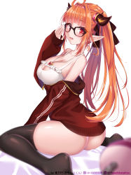 Rule 34 | 1girl, absurdres, adjusting eyewear, ahoge, amatou (ko me 9), anal tail, artist name, asacoco, ass, bare shoulders, black-framed eyewear, black ribbon, black thighhighs, blonde hair, blunt bangs, blurry, blurry foreground, bow, breasts, butt plug, camisole, cleavage, cleavage cutout, clothing cutout, dragon girl, dragon horns, fake tail, from behind, glasses, hair intakes, hair ribbon, highres, hololive, horn bow, horn ornament, horns, jacket, jewelry, kiryu coco, kiryu coco (loungewear), large breasts, long hair, long sleeves, looking at viewer, looking back, multicolored hair, necklace, no panties, off shoulder, official alternate costume, open mouth, orange hair, pointy ears, red eyes, red jacket, ribbon, sex toy, sitting, sleeves past wrists, solo, streaked hair, tail, thighhighs, track jacket, twintails, very long hair, virtual youtuber, wariza, white camisole, zipper, zipper pull tab