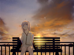 Rule 34 | 1girl, absurdres, bench, black jacket, black neckwear, blue sky, cityscape, cloud, commentary request, dress, evening, girls&#039; frontline, highres, jacket, long hair, looking afar, looking up, no pupils, on bench, open clothes, open jacket, orange sky, outdoors, pink hair, railing, scenery, sitting, sky, solo, st ar-15 (girls&#039; frontline), sun, sunlight, sunset, tacshojosora, yellow dress