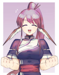 Rule 34 | 1girl, absurdly long hair, ainu clothes, animal ears, aquaplus, arms up, breasts, clenched hands, closed eyes, dress, high ponytail, highres, imawanaki, large breasts, long hair, open mouth, ponytail, purple hair, raised eyebrows, see-through, see-through sleeves, short sleeves, sidelocks, solo, taut clothes, teeth, tongue, touka (utawarerumono), upper body, utawarerumono, very long hair
