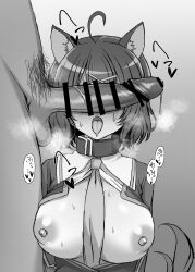 Rule 34 | 1boy, 1girl, absurdres, ahoge, amairo islenauts, animal collar, animal ear fluff, animal ears, aroused, bar censor, between breasts, blush, breasts, breasts out, censored, collar, commentary request, erection, grey background, hair between eyes, hair ornament, heart, heavy breathing, hetero, highres, large breasts, masaki gaillard, medium hair, monochrome, necktie, necktie between breasts, nipples, penis, penis on face, penis over eyes, pubic hair, ryochapu, school uniform, solo focus, speech bubble, sweat, tongue, tongue out, upper body, wolf ears, wolf girl, x hair ornament