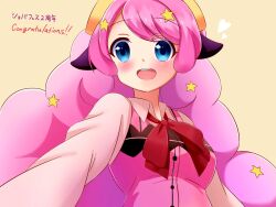 Rule 34 | 1girl, animal ears, asymmetrical bangs, blue eyes, blush, bow, bowtie, breasts, buttons, collared shirt, commentary, congratulations, cosplay, curly hair, gochuumon wa usagi desu ka?, hair ornament, heart, highres, horns, hoto cocoa, hoto cocoa (cosplay), large breasts, long hair, long sleeves, looking at viewer, moa (show by rock!!), open mouth, pink hair, pink vest, rabbit house uniform, red bow, red bowtie, sakura ayane, sheep ears, sheep girl, sheep horns, shirt, show by rock!!, simple background, smile, solo, spesium zeperion, star (symbol), star hair ornament, teeth, upper body, upper teeth only, very long hair, vest, voice actor connection, white shirt, yellow background