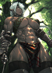 Rule 34 | 1girl, abs, breasts, choker, criss-cross halter, crop top, dark skin, elf, eyepatch, forest, gauntlets, halterneck, highres, holding, holding sword, holding weapon, large breasts, loincloth, long hair, looking down, mikel (4hands), muscular, muscular female, nature, original, pointy ears, ponytail, scar, solo, sword, thick thighs, thighs, underboob, weapon, white hair, yellow eyes
