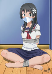 Rule 34 | 1girl, absurdres, arms behind back, barefoot, bdsm, black hair, blue eyes, blush, body blush, bondage, bound, bound ankles, breasts, cloth gag, gag, gagged, highres, improvised gag, looking at viewer, over the nose gag, saten ruiko, school uniform, shadow xcp, sitting, skirt, tape, tape bondage, toaru majutsu no index, toenails, toes