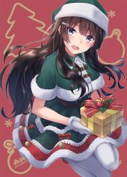 Rule 34 | 1girl, :d, black hair, blue eyes, breasts, commentary request, dress, floating hair, fur trim, gift, green dress, green hat, hair ornament, hairclip, hat, head tilt, holding, holding gift, legs up, long hair, looking at viewer, medium breasts, morigami (morigami no yashiro), nijisanji, open mouth, pantyhose, red background, red footwear, santa costume, santa hat, short sleeves, sidelocks, smile, solo, tsukino mito, tsukino mito (7th costume), twitter username, virtual youtuber, white pantyhose