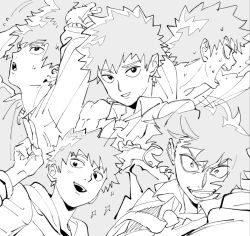 Rule 34 | 1boy, ^^^, chinese commentary, commentary request, constricted pupils, flying sweatdrops, greyscale, grin, hanazawa teruki, looking at viewer, male focus, mob psycho 100, monochrome, motion lines, multiple views, necktie, qin (7833198), raised eyebrow, salute, short hair, smile, sparkle, surprised, sweat, sweatdrop, tall hair, two-finger salute, wide-eyed
