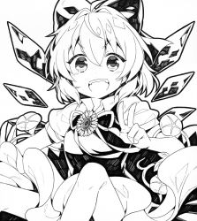 Rule 34 | 1girl, bow, cirno, flower, greyscale, hair bow, ice, ice wings, kurisu sai, looking at viewer, monochrome, open mouth, short hair, simple background, smile, solo, sunflower, touhou, v, white background, wings