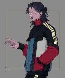 Rule 34 | 1boy, bags under eyes, black hair, black pants, boku no hero academia, closed mouth, eraser head (boku no hero academia), facial hair, fingernails, grey background, hand in pocket, jacket, looking at viewer, male focus, multicolored clothes, multicolored jacket, mustache, pants, rnuyvm, scar, scar on face, short hair, simple background, solo, sparse stubble