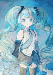 Rule 34 | 1girl, absurdres, aqua eyes, aqua hair, aqua necktie, aqua theme, bad id, bad twitter id, bare shoulders, black skirt, black sleeves, black thighhighs, blue background, blue theme, collared shirt, detached sleeves, expressionless, hatsune miku, highres, long hair, looking at viewer, necktie, parted lips, shirt, sikaku, skirt, sleeveless, sleeveless shirt, solo, standing, thighhighs, twintails, vocaloid, white shirt, zettai ryouiki
