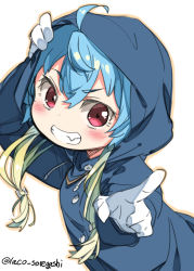 Rule 34 | 1girl, blonde hair, blue hair, fang, foreshortening, gradient hair, grin, kantai collection, laco soregashi, long hair, looking at viewer, multicolored hair, one-hour drawing challenge, pointing, raincoat, red eyes, sado (kancolle), simple background, smile, solo, twitter username, upper body, white background