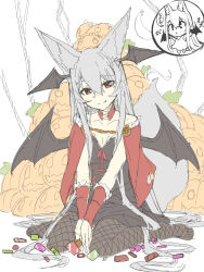 Rule 34 | 2girls, animal ear fluff, animal ears, bare shoulders, black dress, black legwear, black wings, capelet, chibi, closed mouth, collarbone, commentary request, dress, fang, fang out, fishnet legwear, fishnets, fox ears, fox girl, fox tail, frilled capelet, frills, grey hair, hair between eyes, head wings, highres, jack-o&#039;-lantern, long hair, looking at viewer, multiple girls, no shoes, original, pantyhose, parted lips, red capelet, red eyes, sitting, sleeveless, sleeveless dress, smile, strapless, strapless dress, tail, translation request, very long hair, wariza, wings, wrist cuffs, yuuji (yukimimi)
