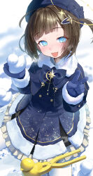 1girl absurdres beret blue_bow blue_bowtie blue_capelet blue_dress blue_eyes blue_gloves blue_hat blush bodiedwile bow bowtie breath brown_hair capelet character_request commission dress fur-trimmed_dress fur_trim gloves hair_ornament halo hat highres looking_at_viewer open_mouth original outdoors short_hair smile snow snow_duck solo star_(symbol) star_hair_ornament v winter_clothes yellow_halo