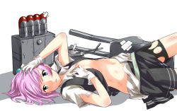Rule 34 | 10s, 1girl, arai harumaki, arm up, bandaid, bike shorts, bike shorts under skirt, black skirt, black vest, blue eyes, breasts, cowboy shot, eyebrows, gloves, hair bobbles, hair ornament, hand on own chest, hand on own head, kantai collection, looking at viewer, lying, navel, on back, pink hair, pleated skirt, shadow, shiranui (kancolle), shirt, short sleeves, shorts, shorts under skirt, simple background, skirt, sleeveless, small breasts, solo, stomach, torn bike shorts, torn clothes, torn gloves, torn shirt, torn skirt, torn vest, vest, white background, white gloves, white shirt