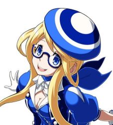 Rule 34 | 1girl, ascot, beret, blonde hair, blue-framed eyewear, blue ascot, blue eyes, blue theme, breasts, cleavage, cleavage cutout, clothing cutout, commentary, enta girl, falcoon, glasses, gloves, hat, mascot, medium breasts, neckerchief, official art, puffy short sleeves, puffy sleeves, semi-rimless eyewear, short hair with long locks, short sleeves, smile, snk, solo, under-rim eyewear, white background, white gloves