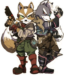 Rule 34 | 2boys, back-to-back, belt, boots, claws, fingerless gloves, fox mccloud, furry, gloves, green eyes, gun, handgun, headset, jacket, multiple boys, nintendo, red eyes, scarf, simple background, smile, spikes, star fox, tail, teeth, weapon, wolf o&#039;donnell